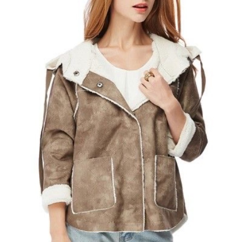 Brown Faux Suede Shearling Moto Jacket